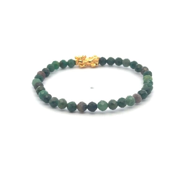 18K Gold Pixiu Piyao Bracelet Gemstone Mini Beads Emerald Micro faceted 4mm May - Picture 5 of 6